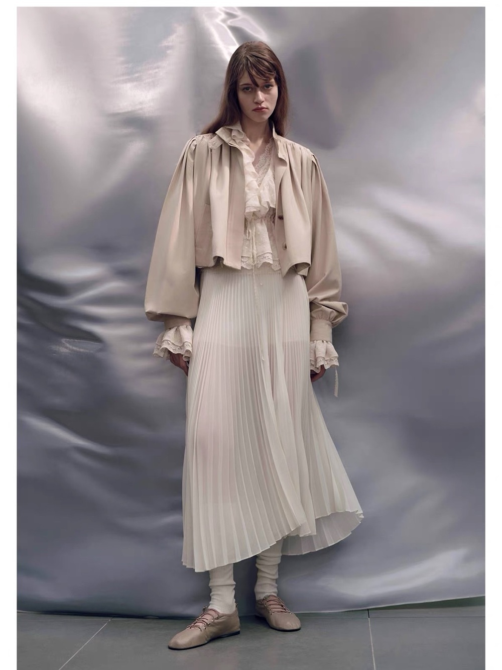 Ivory Romantic Three-Piece Jacket Blouse & Pleated Maxi Skirt Set